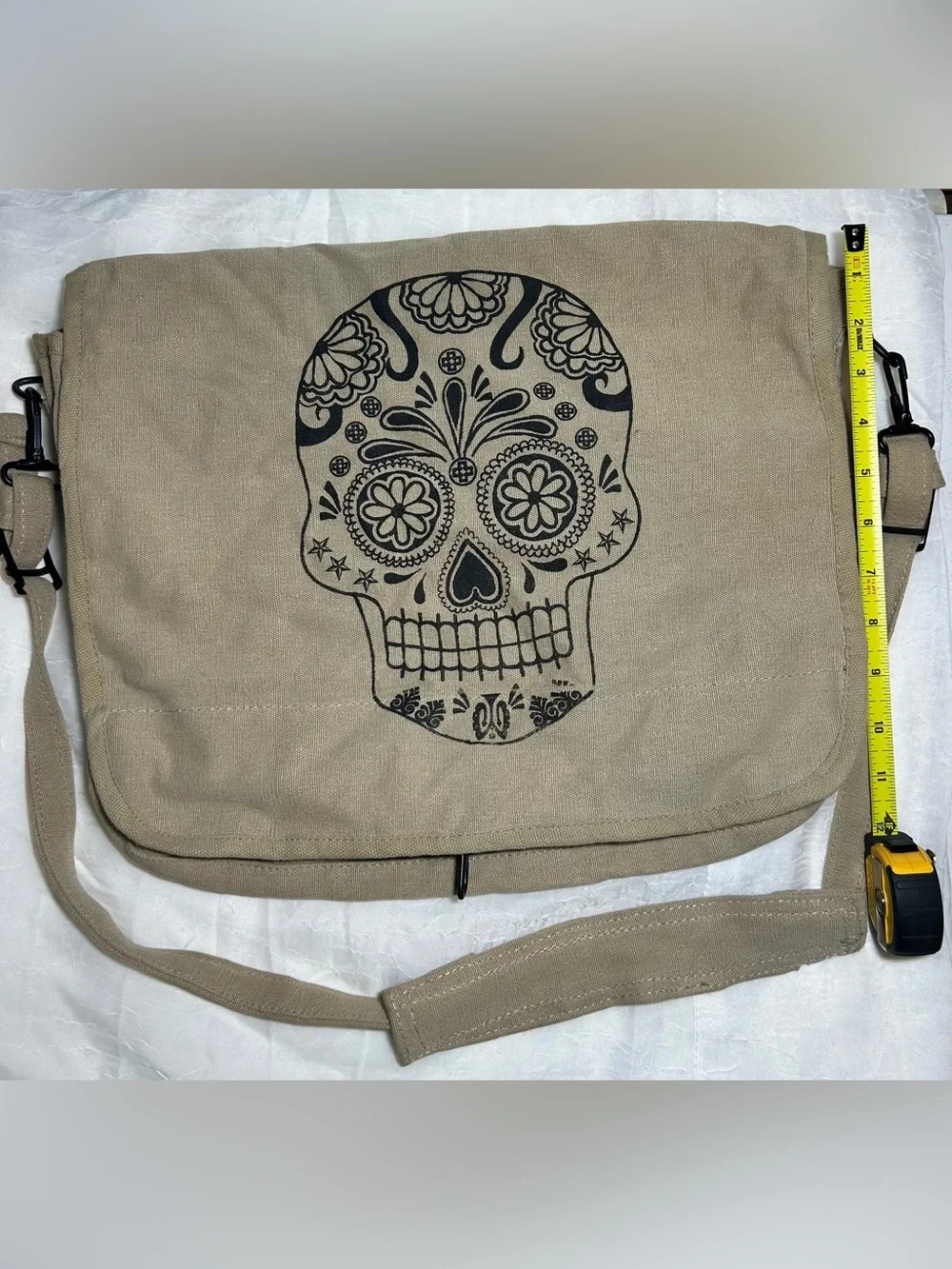 Men's Tan Canvas Messenger Bag with Black Sugar Skull Print